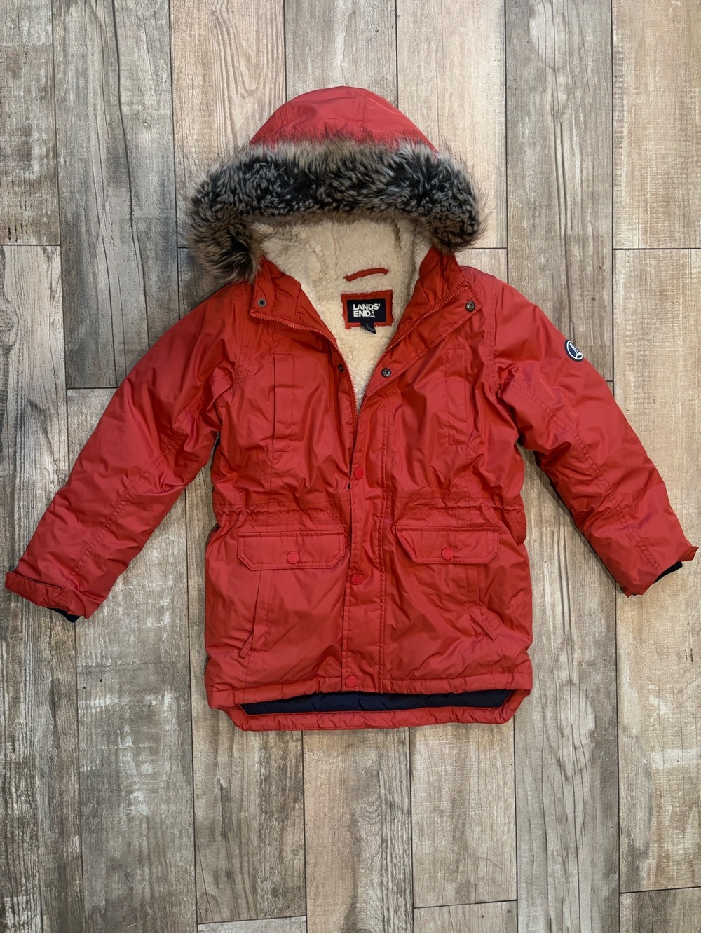 Lands' End Red Kids' Insulated Hooded Puffer Coat Ski Snow Size L 10-12